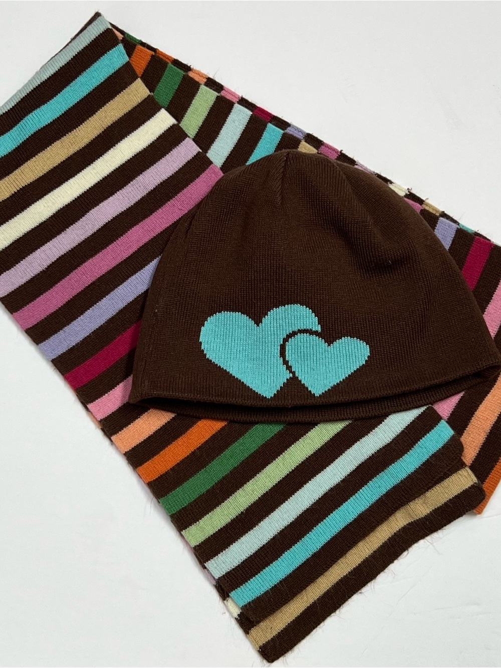 Aeropostale Brown Beanie and Striped Scarf Set with Aqua Hearts